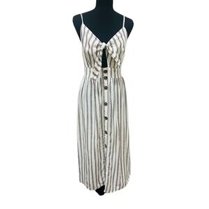 Japna‎ Striped Tie-Front Button Midi Linen Dress